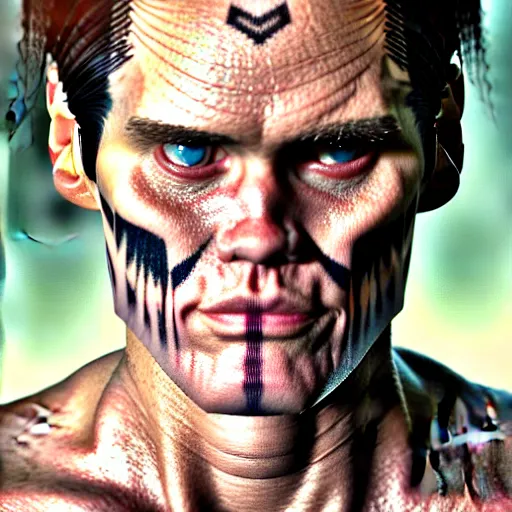 Prompt: portrait painting of jim carrey with a soft expression and short light orange hair and tribal tattoos on his face wearing fur armor, ultra realistic, concept art, intricate details, eerie, highly detailed, photorealistic, octane render, 8 k, unreal engine. art by artgerm and greg rutkowski and charlie bowater and magali villeneuve and alphonse mucha