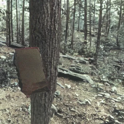 Image similar to A screen capture of found footage video left behind by a missing hiker in 1986.