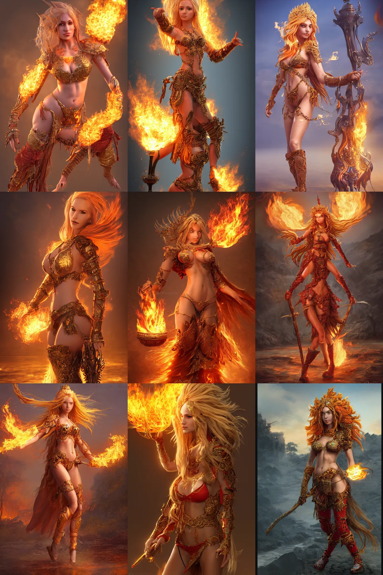 Prompt: a wlop 3 d render of very very very very highly detailed beautiful fire goddess in ornate bikini armor walking toward a riverside town while holding a fireball, on fire, long blonde flaming hair, digital art, trending on artstation, cgsociety, detailed, illustration, sharp focus, micro detail, professional art by anton pieck