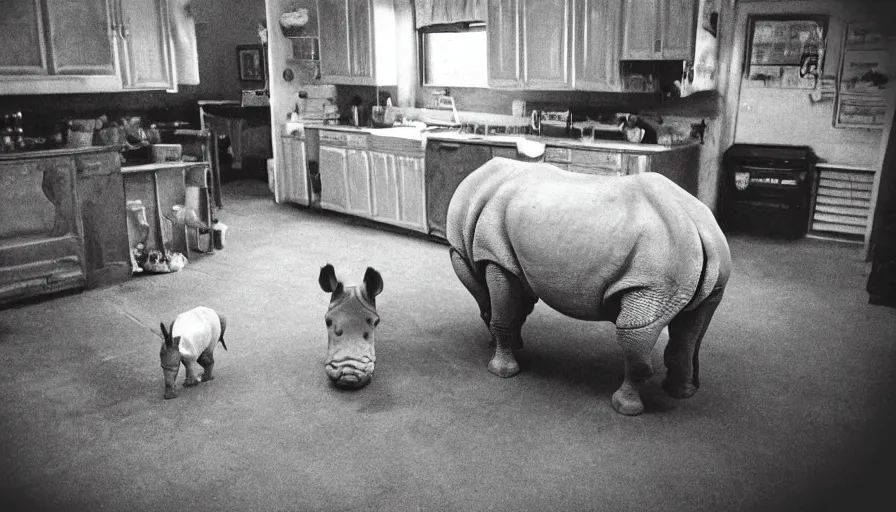 Prompt: a rhinoceros in a grandma kitchen, by mini dv camera, very very low quality, heavy grain, very blurry, accidental flash, webcam footage, found footage, security cam, caught on trail cam