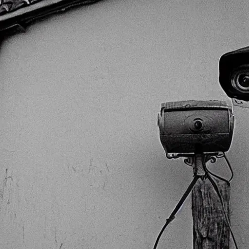 Prompt: portrait of scarry old granny filmed om security camera, village 1976, bw, high detailed, horror