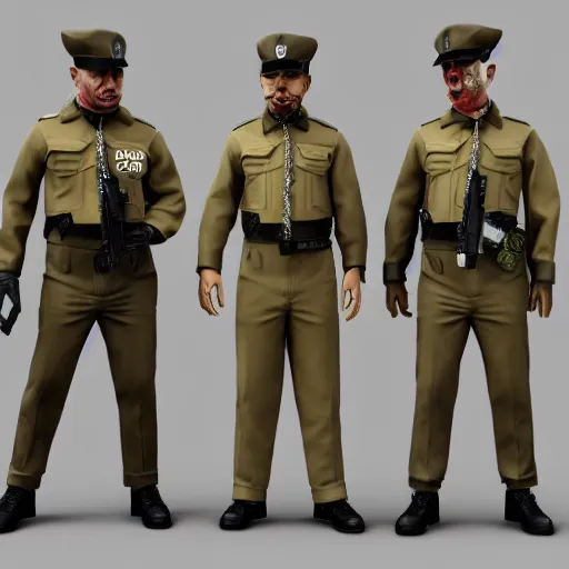 Image similar to ( ( beige ) ) zombie uniform and caps zombie security officers trending on artstation very realistic proportional accurate high detail 4 k 8 k hd