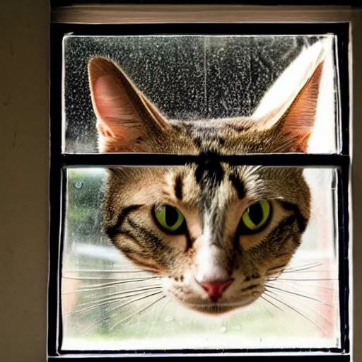 Prompt: A beautiful photograph of a cat looking out the window on a rainy day.