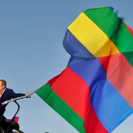 Prompt: Donald tusk riding tyranosaurus rex, rainbow flag in the background