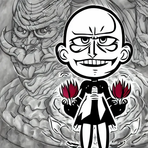 Prompt: portrait of saitama in the cuphead game art style, End game boss, angry face wrinkles, flowerfield background