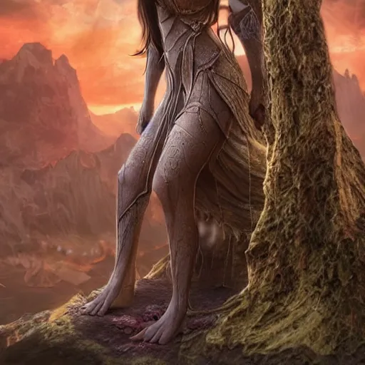 Image similar to an elven woman with a giant and standing behind her