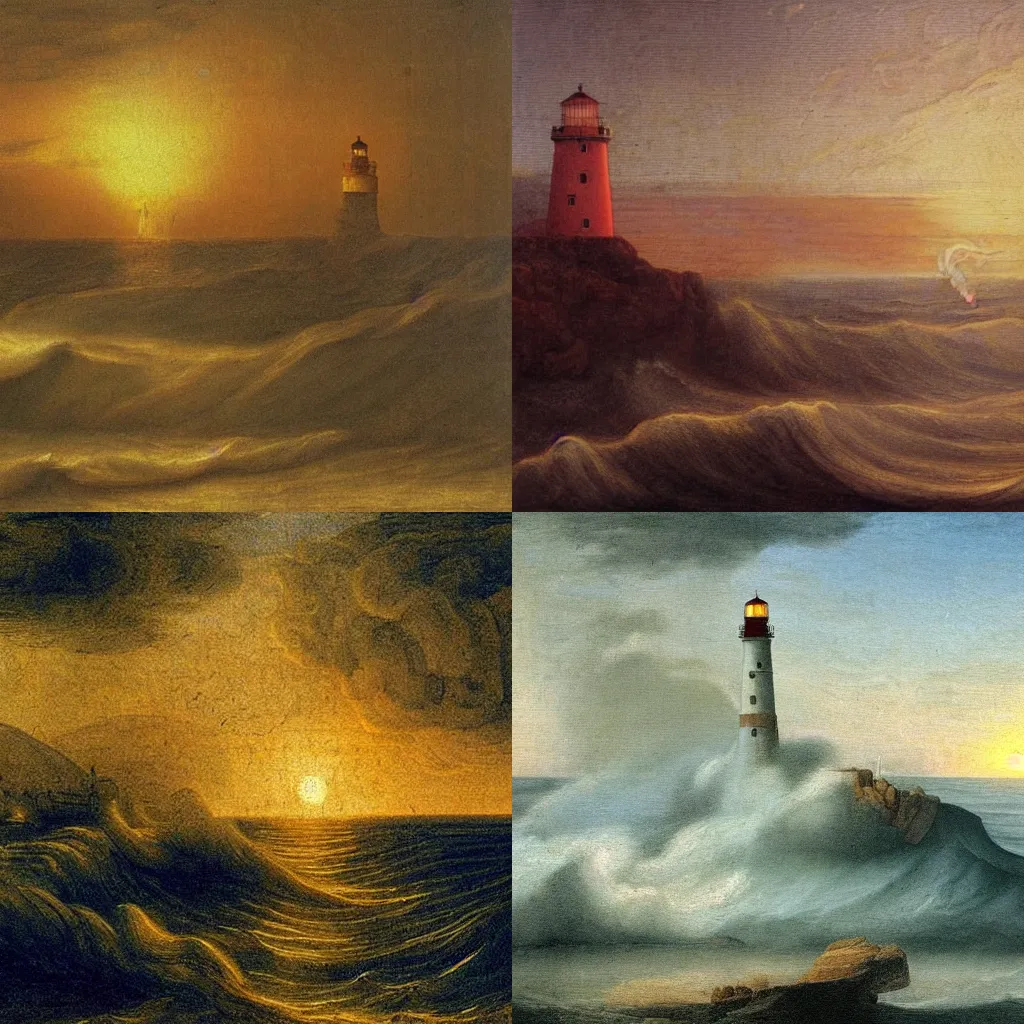 Prompt: a painting of a lighthouse and waves at sunset by Leonardo Da Vinci