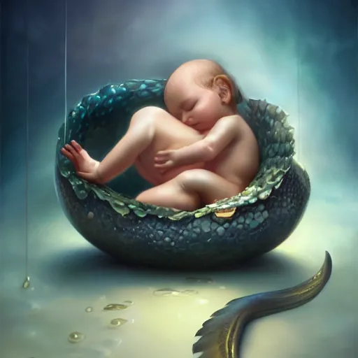 Image similar to a baby mermaid sleeping in an egg, ultrarealistic, dramatic lighting, high details, 4 k, 8 k, best, accurate, trending on artstation, artstation, photorealism, ultrarealistic, digital painting, style of peter mohrbacher, caravaggio, boris vallejo