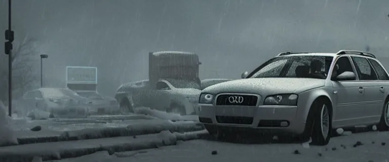 Prompt: Audi A4 B6 Avant (2002), a gritty neo-noir, dramatic lighting, cinematic, eerie person, death, homicide, homicide in the snow, viscera splattered all over the car, gunshots, establishing shot, extremely high detail, photorealistic, arson, burning city, cinematic lighting, artstation, by simon stalenhag, Max Payne (PC) (2001) winter New York at night, In the style of Max Payne 1 graphic novel, flashing lights, Poets of the Fall - Late Goodbye