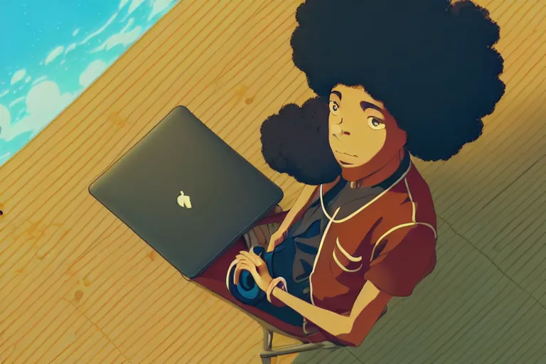 Prompt: a young afro man sitting on a sofa working on a laptop, wide angle shot from above, golden curve composition, animation portrait concept art, style of makoto shinkai, xision, james jean and peter mohrbacher, studio ghibli, artgerm, karol bak, dan mumford, 4 k hd, animation style