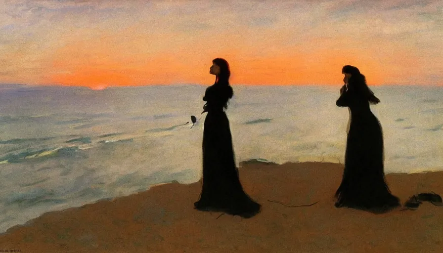 Prompt: ghostly woman singing on the beach, overlooking the sea during sunset, by john singer sargent