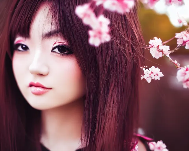 Prompt: close up portrait of an japanese gyaru with beautiful face and modern clothes, sakura blooming in the background, bokeh, depth of field, dramatic lighting, cinematic, vivid colors, matte painting, vivid color scheme