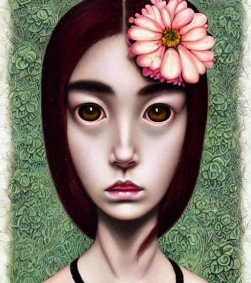 Image similar to portrait of a flowerpunk girl's face, lowbrow painting by mark ryden and hiroyuki mitsume - takahashi and margaret keane