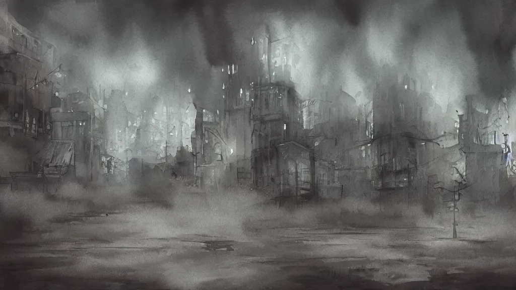 Image similar to a watercolor painting of an abandoned city in hell, scary, foggy, fantasy, smoke, fire, circular, digital art,