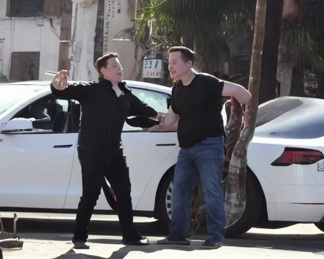 Prompt: elon musk drunk and fighting with a local in the streets of monrovia