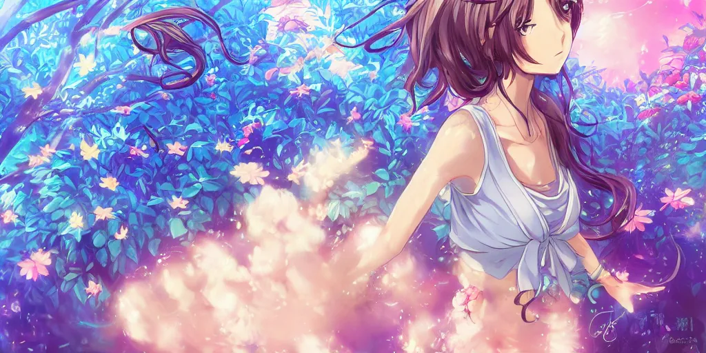 Image similar to anime key visual of a pretty girl with blue flowing hair, wearing sweatpants and a crop top, meditating in a magical fantasy garden, lofi feel, magical, highly detailed, digital art, artstation, smooth, hard focus, illustration, art by artgerm - in the style of final fantasy and studio ghibli