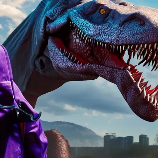 Prompt: cinematic shot of the joker riding on a t - rex in the wild, 8 k, very detailed,