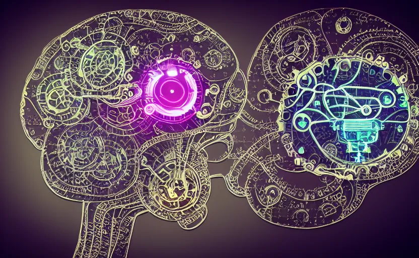 Prompt: a digital brain with electronic devices in the shape of cogs, artistic, contrast, dramatic lighting, intricate details, vivid colors