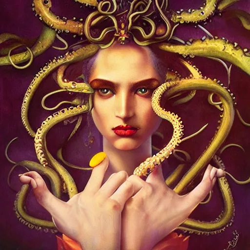 Image similar to dynamic composition, a painting of a sorcerer with hair of octopus tentacles and sea weed, a surrealist painting by tom bagshaw and jacek yerga and tamara de lempicka and jesse king, featured on cgsociety, pop surrealism, surrealist, dramatic lighting, ornate gilded details