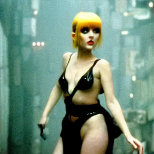 Image similar to 3 5 mm film still of a pinup pris bladerunner, 8 k cinematic portrait