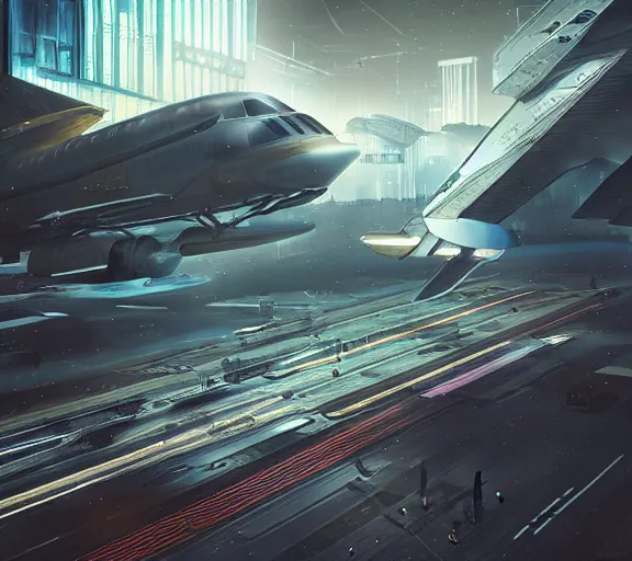 Image similar to futuristic sci fi jet lands at runway of cyberpunk city, night photo ,cinematic lighting , digital concept art