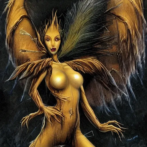 Prompt: detailed illustration of attractive sexy mysterious humanoid alien species with beautiful human female face, female human torso, dark fae, black feathers instead of hair, feathers growing out of skin, wings growing out of arms, transformation, floating in zero gravity on starship, brian froud, tim burton, guillermo del toro, science fiction