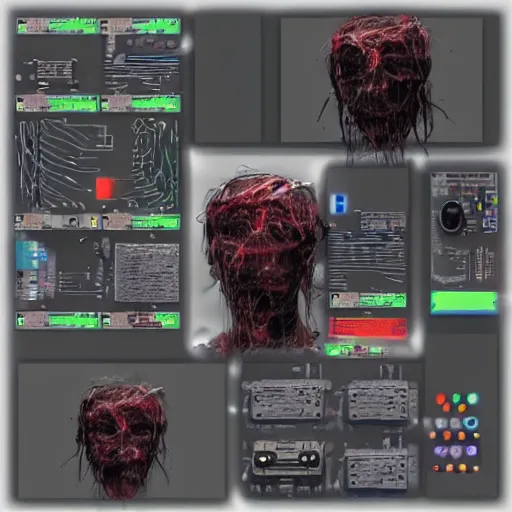 Image similar to a square computer coated in, clumps of hair, wires, leds, thermal sink, electronics,, skin, flesh, blood, guts and teeth, artstation