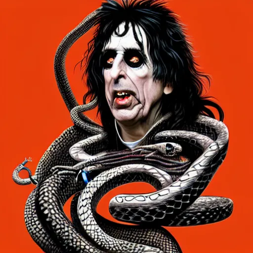 Image similar to graphic illustration, creative design, alice cooper as a snake, biopunk, francis bacon, highly detailed, hunter s thompson, concept art