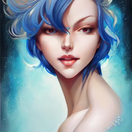 Image similar to a beautiful painting of a smiling woman with stylish short blue hair and sparkling blue eyes representative of the art style of artgerm and wlop and peter mohrbacher, portrait, mischievous grin