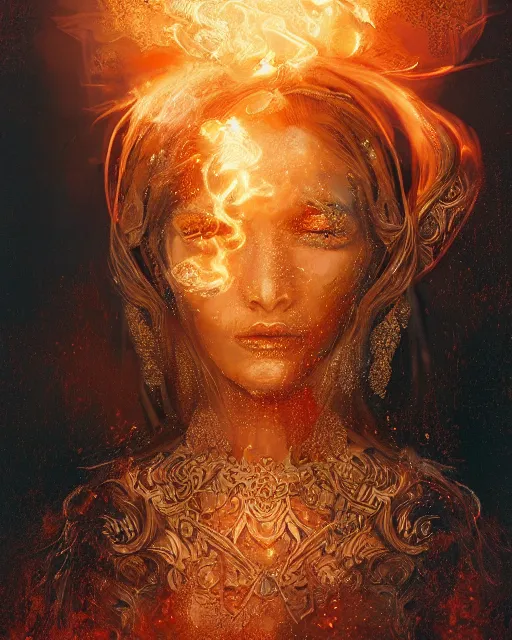 Image similar to a highly detailed portrait of beautiful female pyromancer radiating a majestic fiery aura, ornate royal robes, head and shoulders portrait, intricate, digital painting, old english, raining, sepia, particles floating, whimsical background by marc simonetti, artwork by ramond swanland and liam wong