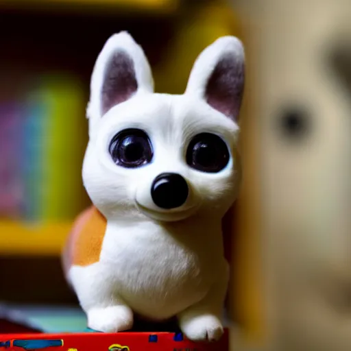 Prompt: photograph of a corgi furby toy on a store shelf