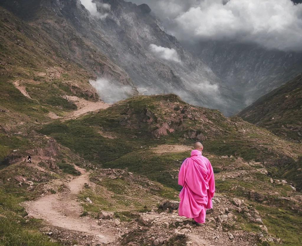 Image similar to a pink monk wandering trough the mountains looking at the clouds very detailed focused photography cinematic lighting by martin parr