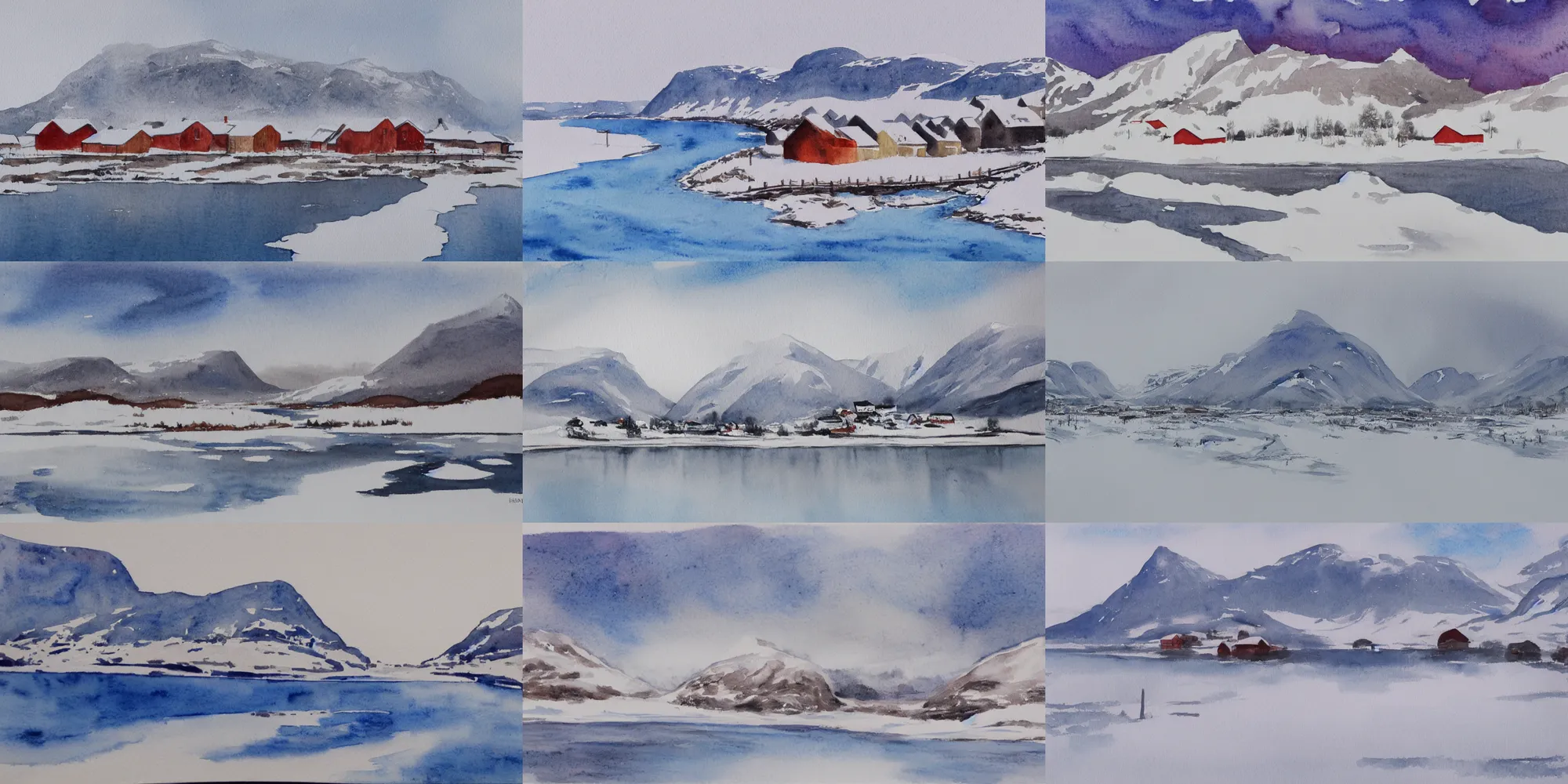 Prompt: Simple watercolor painting of northern Norway during winter,