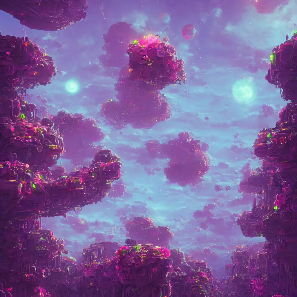 Prompt: concept art, a world full of life divine thrill of the biological tranquil sky, atoms floating, cosmic horror, gothic harts, flowers, artwork by beeple and lisa frank, fantasy art, high - detailed, 8 k, uhd