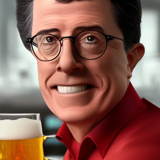 Prompt: stephen colbert face in a clear beer stein, concept art, 8 k, ultra realistic details