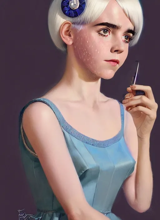 Image similar to portrait of kiernan shipka with freckles, white hair, big 1 9 6 0 s bob hairstyle with bangs and hairband, blue 1 9 6 0 s dress, intricate, elegant, glowing lights, highly detailed, digital painting, artstation, concept art, smooth, sharp focus, illustration, art by wlop, mars ravelo and greg rutkowski