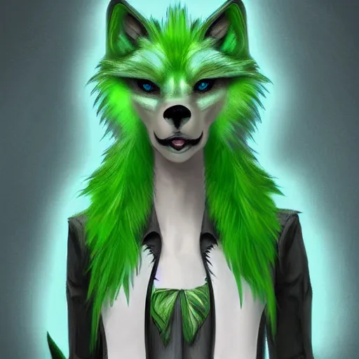 Image similar to Beautiful digital painting of an anthro anthropomorphic pastel-green wolf, Punk outfit.