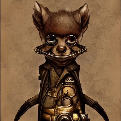 Image similar to steampunk squirrel looking evil into the camera, artistic background, trending on artstation, highly detailed