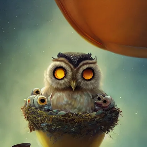 Image similar to long shot of a very cute owl chick nesting in a very futuristic cup, esao andrews, humorous illustration, hyperrealistic, big depth of field, warm colors, night scenery, low light, 3 d octane render, 4 k, conceptart, hyperdetailed, hyperrealistic, trending on artstation