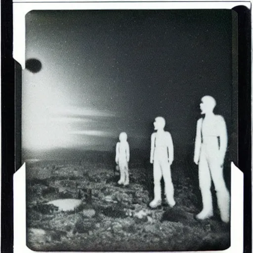 Image similar to polaroid photograph of aliens visiting earth, 1 9 5 0