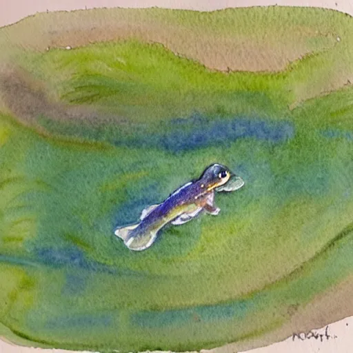 Prompt: watercolor painting of tadpole in a pond