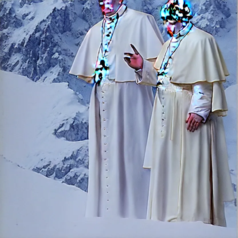 Image similar to pope joseph ratzinger standing on a snowy mountain slope. wearing long white dress. blessing with the hand. detailed cloth, detailed face. concept art. matte painting