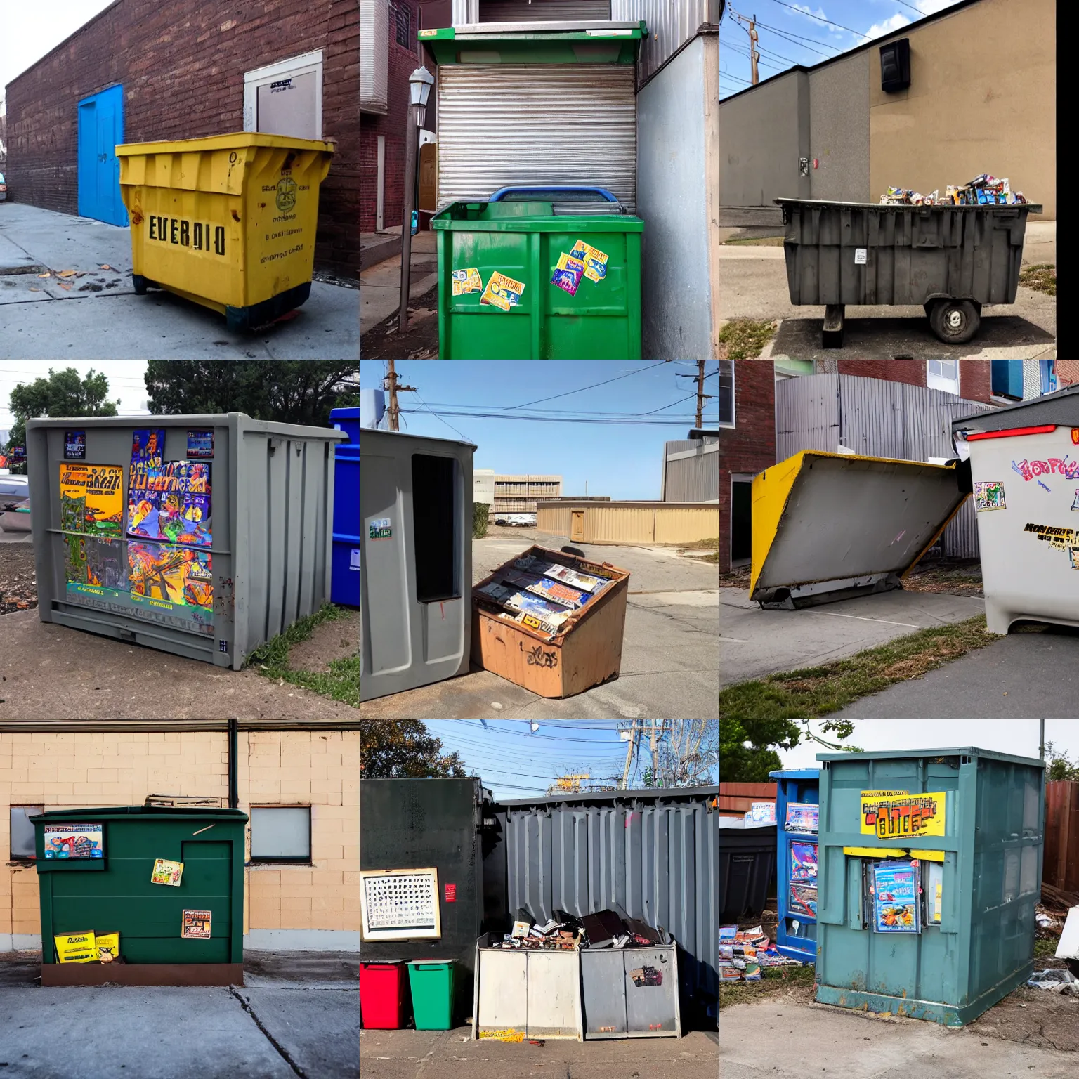 Prompt: a dumpster behind a ghetto building filled with E.T. Gameboy games