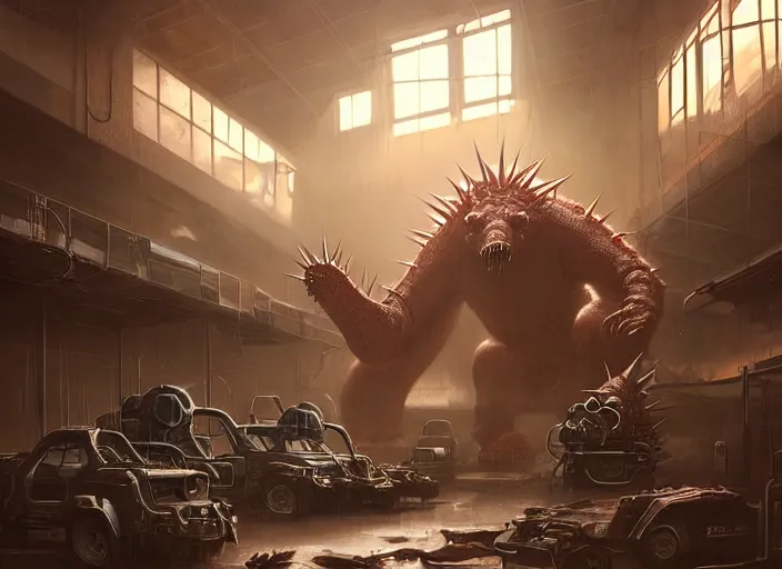 Image similar to scene inside a gas station with harsh industrial lighting, giant monstrous aggressive spiked creature screaming at the camera, epic science fiction horror digital matte painting by Moebius and Mark Brooks (and Greg Rutkowski), extremely detailed, artstation