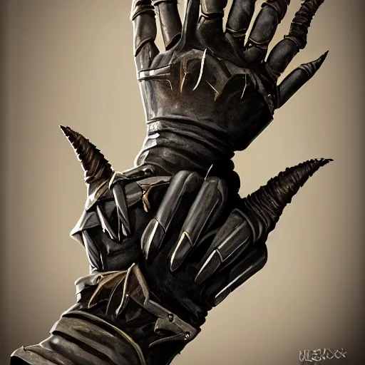 Image similar to metal claws on gloves, weaponized gauntlett, old gloves with attached talons, pointy fingertips, dark background, highly detailed, 8 k, trending on artstation, mystic, rpg artwork, by peter jackson, by sauron