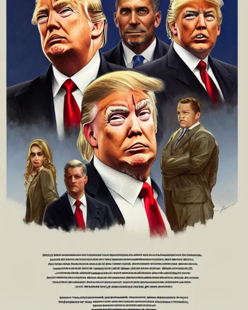 Image similar to Portrait of Donald Trump & FBI officers at Key Largo,real life skin, intricate, elegant, highly detailed, artstation, concept art, smooth, sharp focus, art by artgerm and greg rutkowski and alphonse mucha