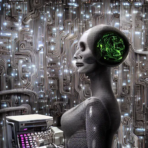 Image similar to the torso of a terminator lady with borg implants, human face and robotic snakes coming out of her head is hanging from cables and wires off the ceiling of an abandoned computer lab and plugged into a quantum computer. Her bottom half is missing with cables hanging out. She is taking a sip from a cup of coffee. Tiny green led lights in her cybernetics. very detailed 8k. cyberpunk style.