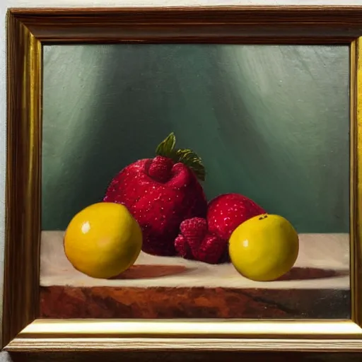 Prompt: still life of fresh fruit, oil painting