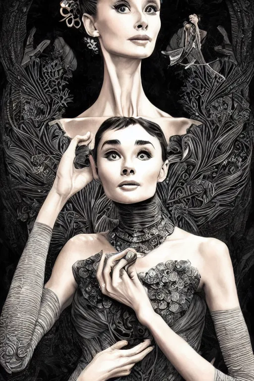 Prompt: audrey hepburn, cute, fantasy, intricate, elegant, highly detailed, digital painting, 4k, HDR, concept art, smooth, sharp focus, illustration, art by artgerm and H R Giger and alphonse mucha