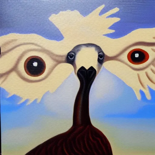 Image similar to oil painting of a goose with dozens of eyes all over its body